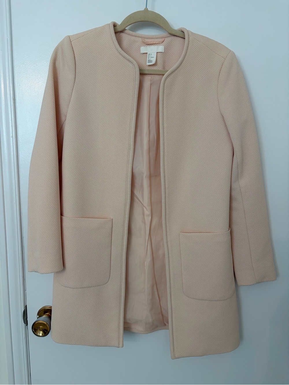 H&M Pale Pink Collarless Textured Coatigan